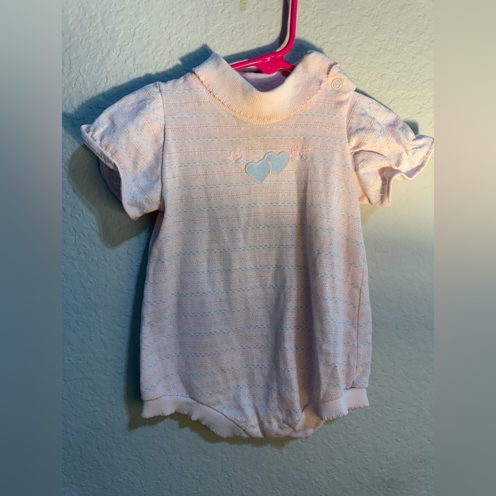 Vintage Healthtex‎ Romper Baby Size 12 Months Baby Girl Pink Blue Hearts